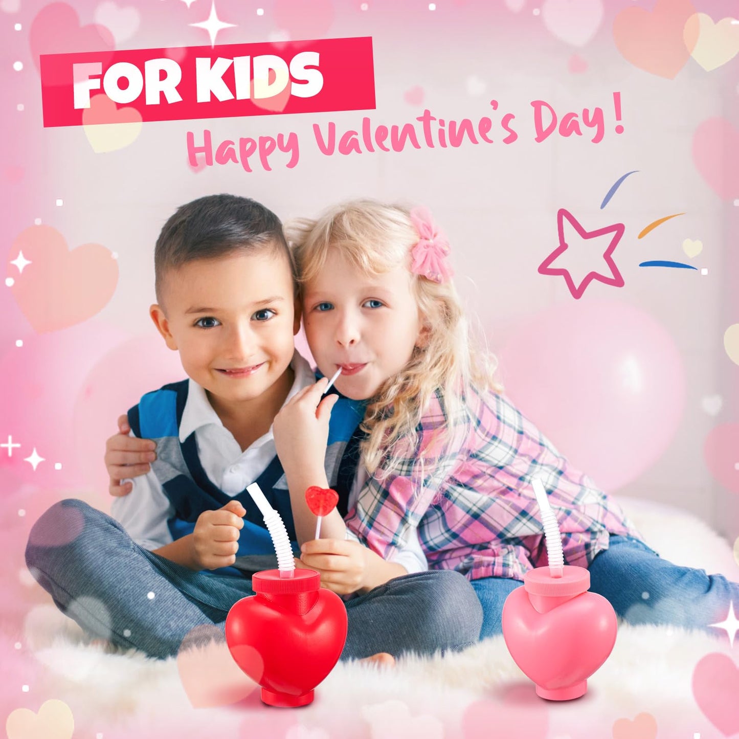Amyhill 24 Pcs Heart Shaped Cups with Lids & Straws - 12oz Valentine's Party Favors