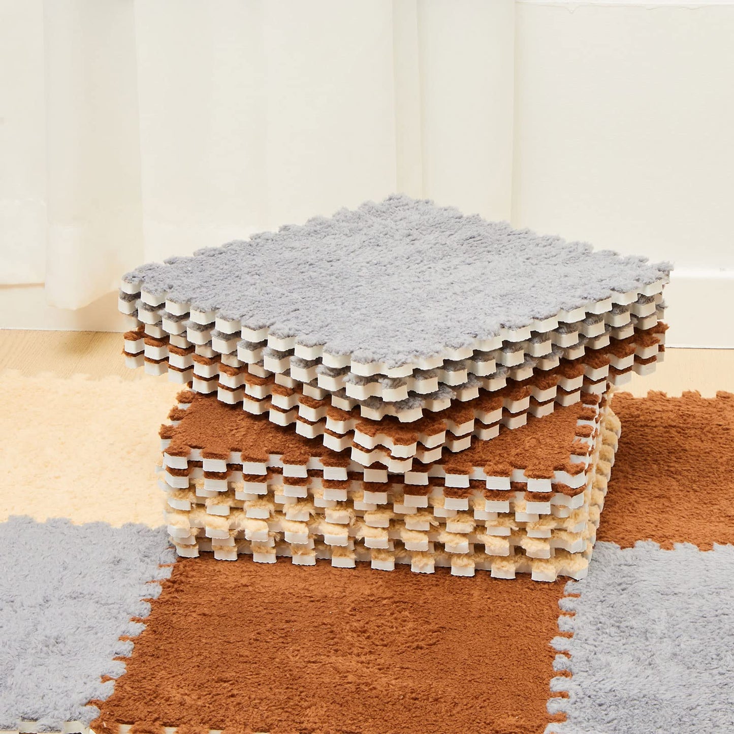 Amylove 18-Piece Plush Foam Floor Tiles – Interlocking Square Mats with Border for Playrooms (Apricot, Coffee, Gray)