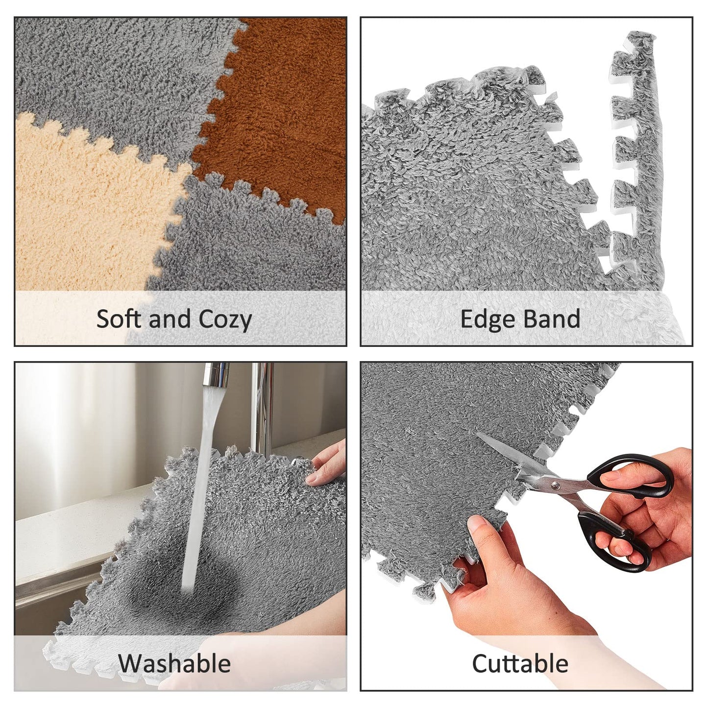 Amylove 18-Piece Plush Foam Floor Tiles – Interlocking Square Mats with Border for Playrooms (Apricot, Coffee, Gray)