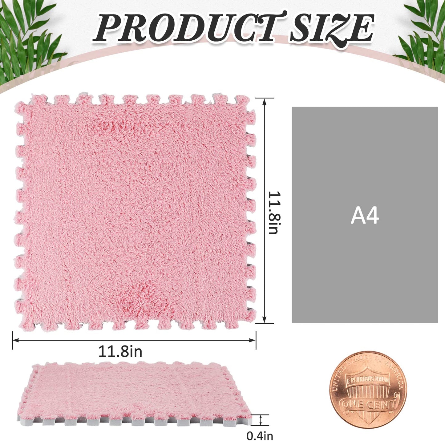 Amylove 36-Pack Plush Foam Floor Tiles with Border – Interlocking Mats (12x12x0.4 in) in White, Pink, Gray