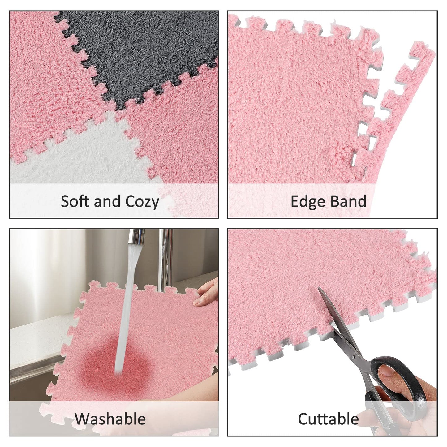 Amylove 36-Pack Plush Foam Floor Tiles with Border – Interlocking Mats (12x12x0.4 in) in White, Pink, Gray
