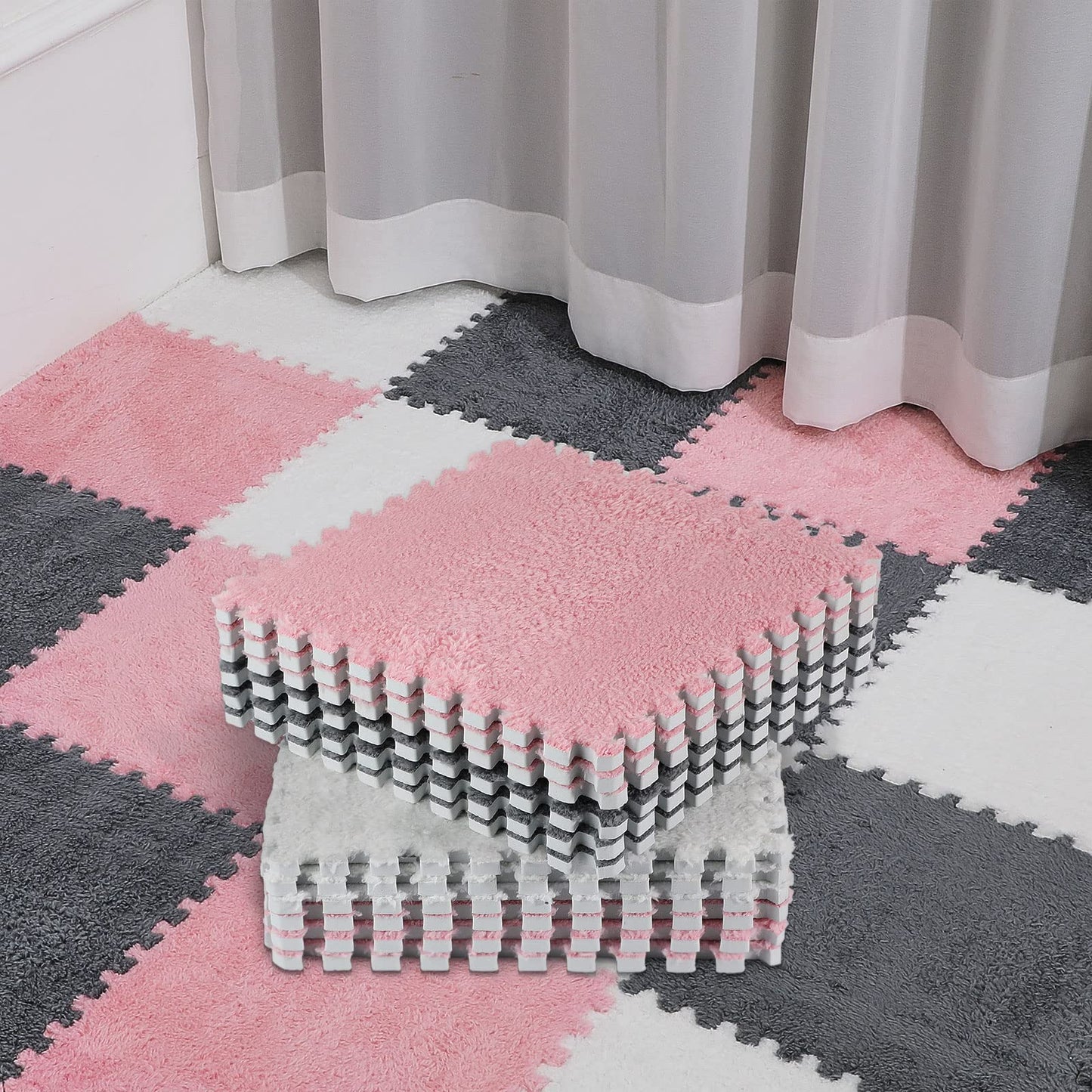 Amylove 36-Pack Plush Foam Floor Tiles with Border – Interlocking Mats (12x12x0.4 in) in White, Pink, Gray