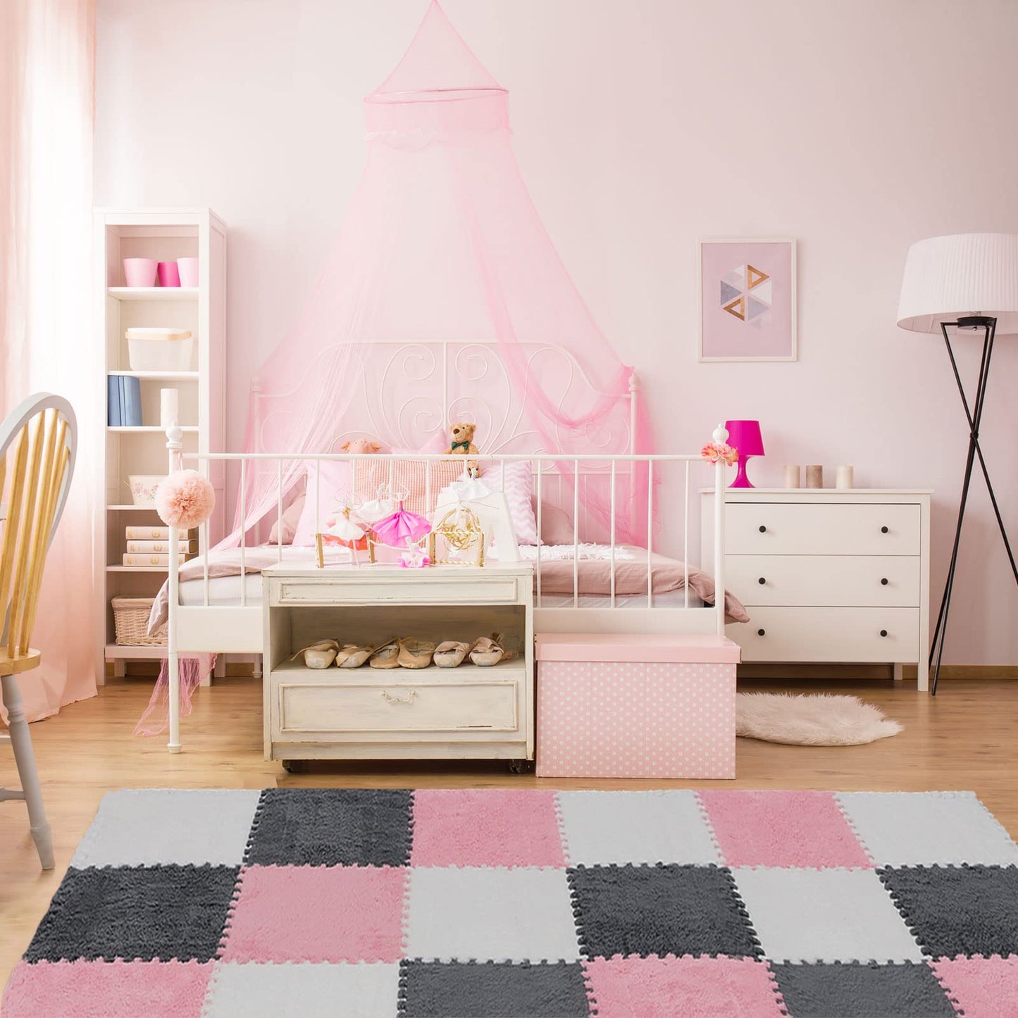 Amylove 36-Pack Plush Foam Floor Tiles with Border – Interlocking Mats (12x12x0.4 in) in White, Pink, Gray