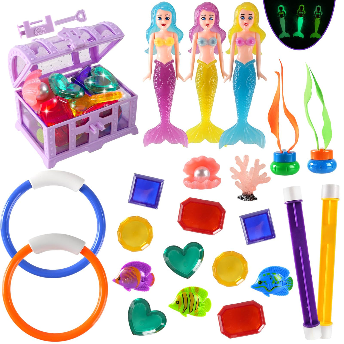 AMZFAVOR 27-Piece Mermaid Pool Toys Set – Treasure Chest & Storage Bag