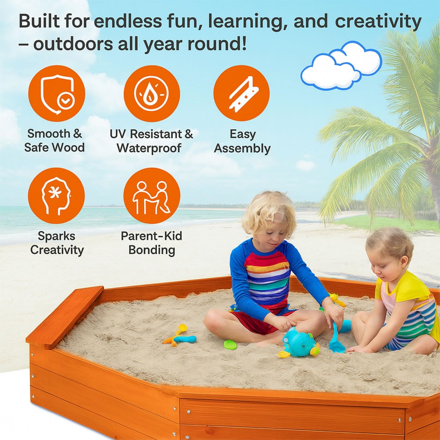 AMZOSS 85x78 Octagon Sandbox with Waterproof Cover & Liner | Large Fir Wood Sandbox for Kids