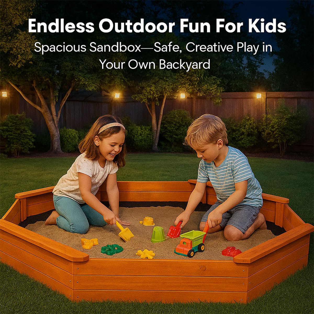 AMZOSS 85x78 Octagon Sandbox with Waterproof Cover & Liner | Large Fir Wood Sandbox for Kids