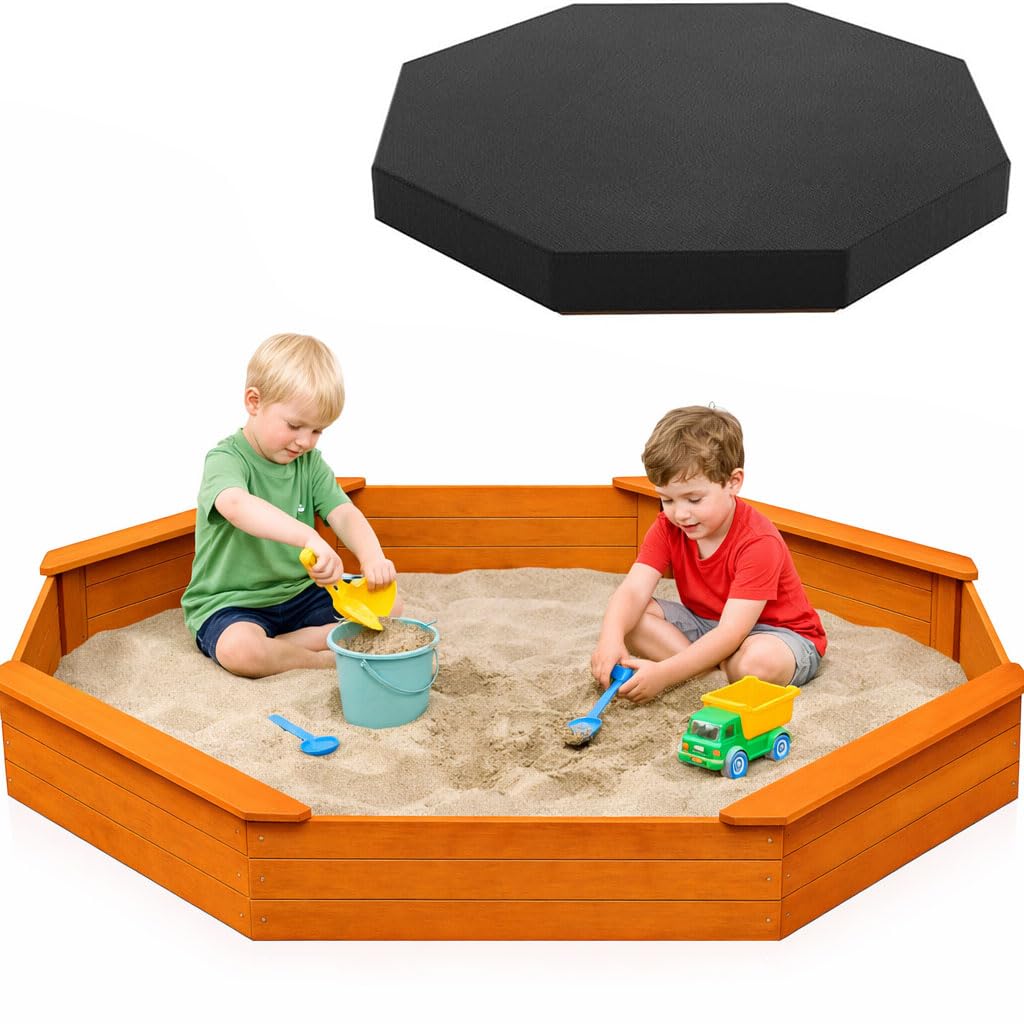 AMZOSS 85x78 Octagon Sandbox with Waterproof Cover & Liner | Large Fir Wood Sandbox for Kids