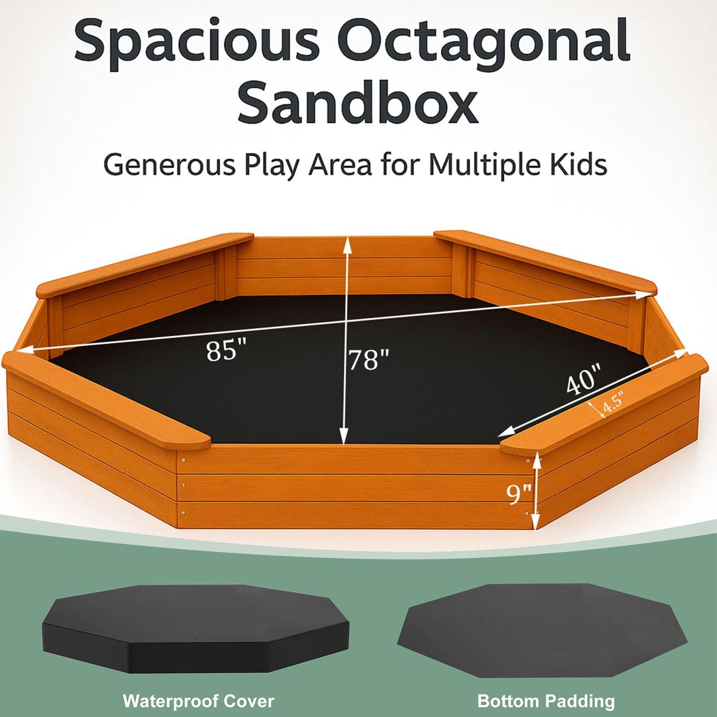 AMZOSS 85x78 Octagon Sandbox with Waterproof Cover & Liner | Large Fir Wood Sandbox for Kids