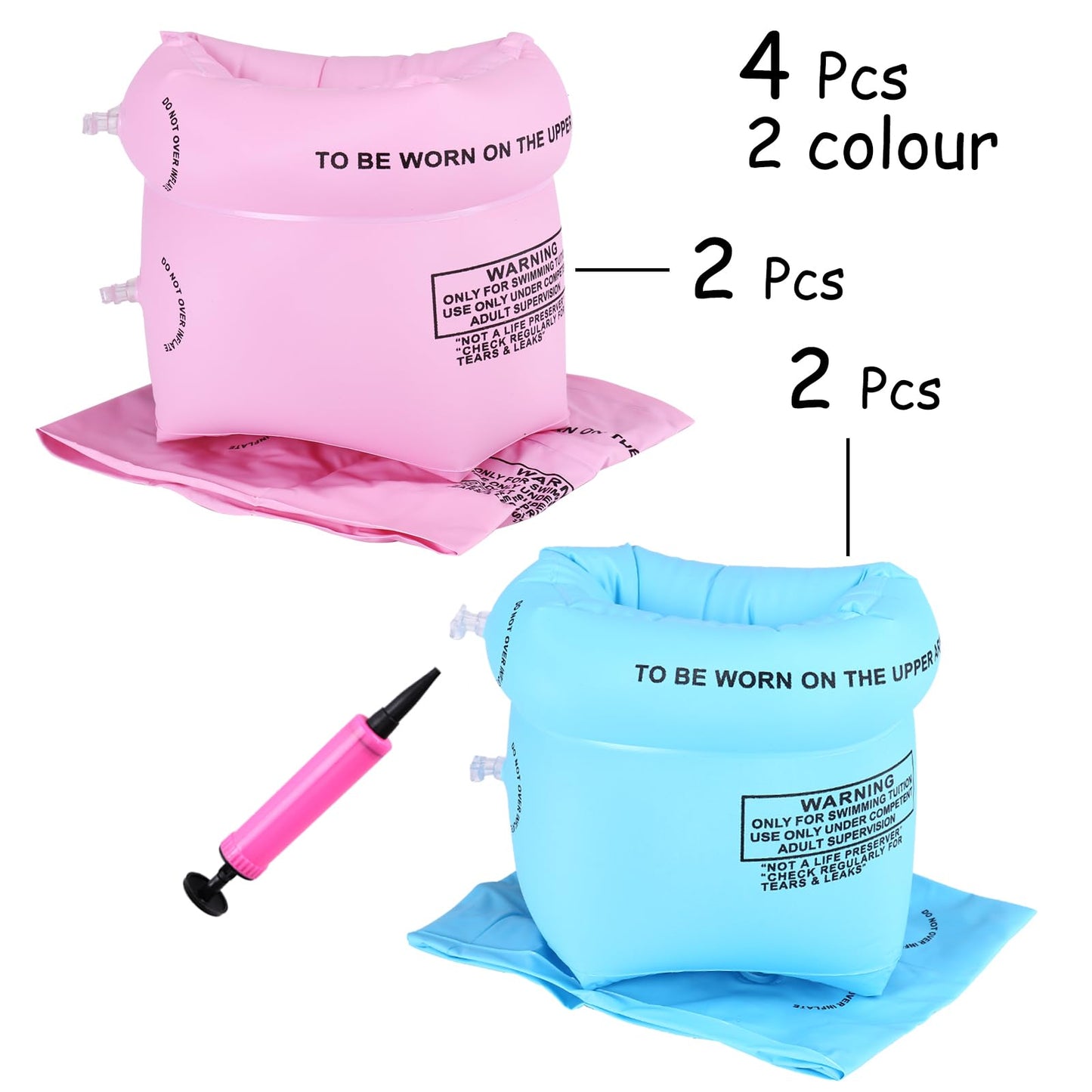 AMZQNART 4 Pcs Arm Floaties – Inflatable Swim Arm Bands for Kids, Toddlers & Adults (Pink & Blue)