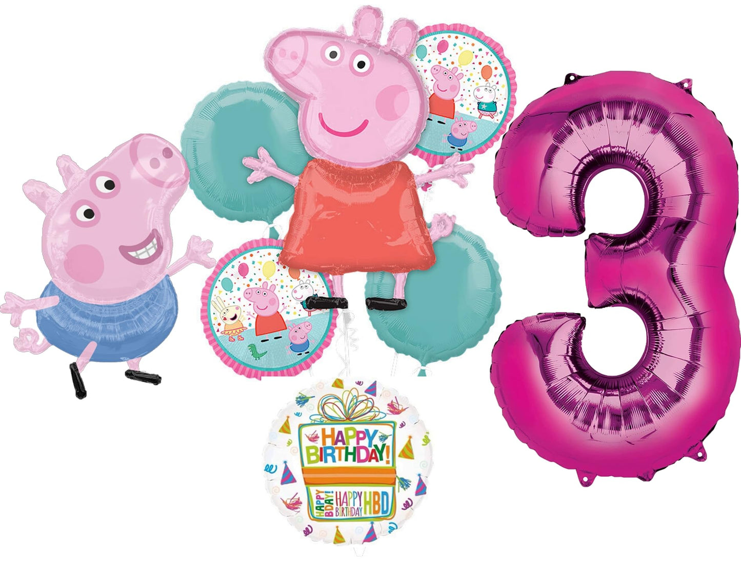 Anagram Peppa & George 3rd Birthday Balloon Bouquet BQ_4283 | 32-inch Peppa, 24-inch George