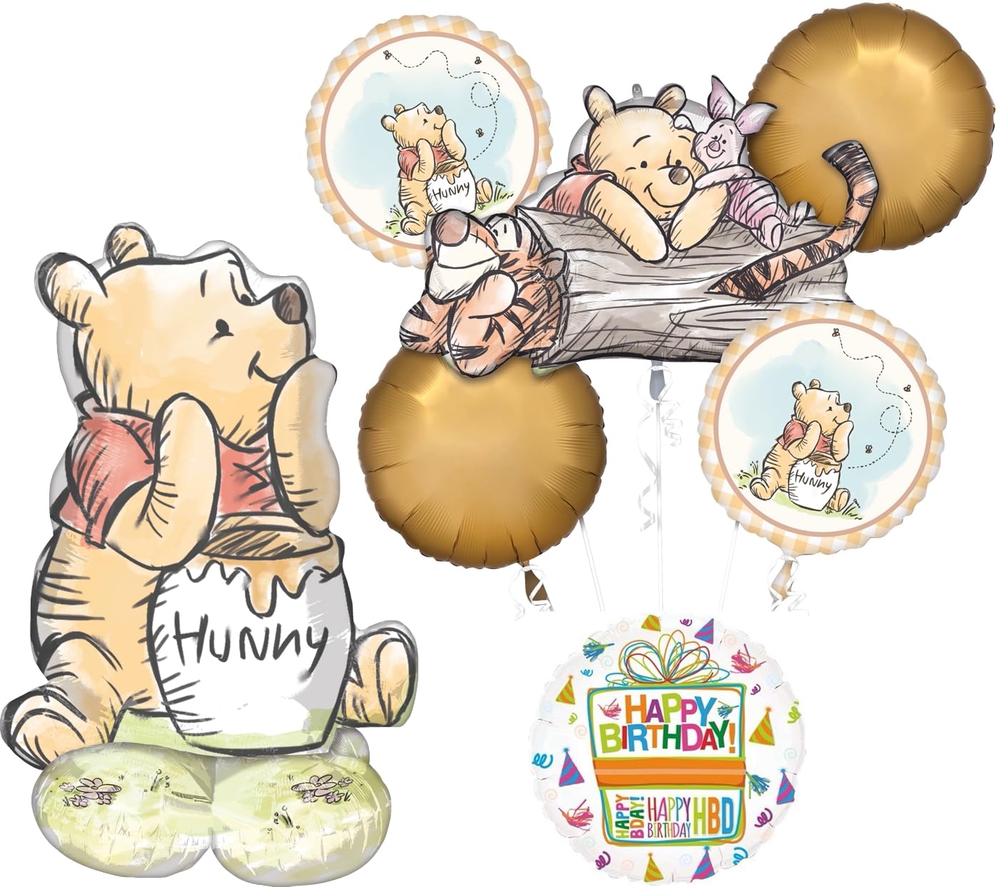 Anagram Classic Pooh Birthday Party 7‑Piece Balloon Bouquet with AirLoonz