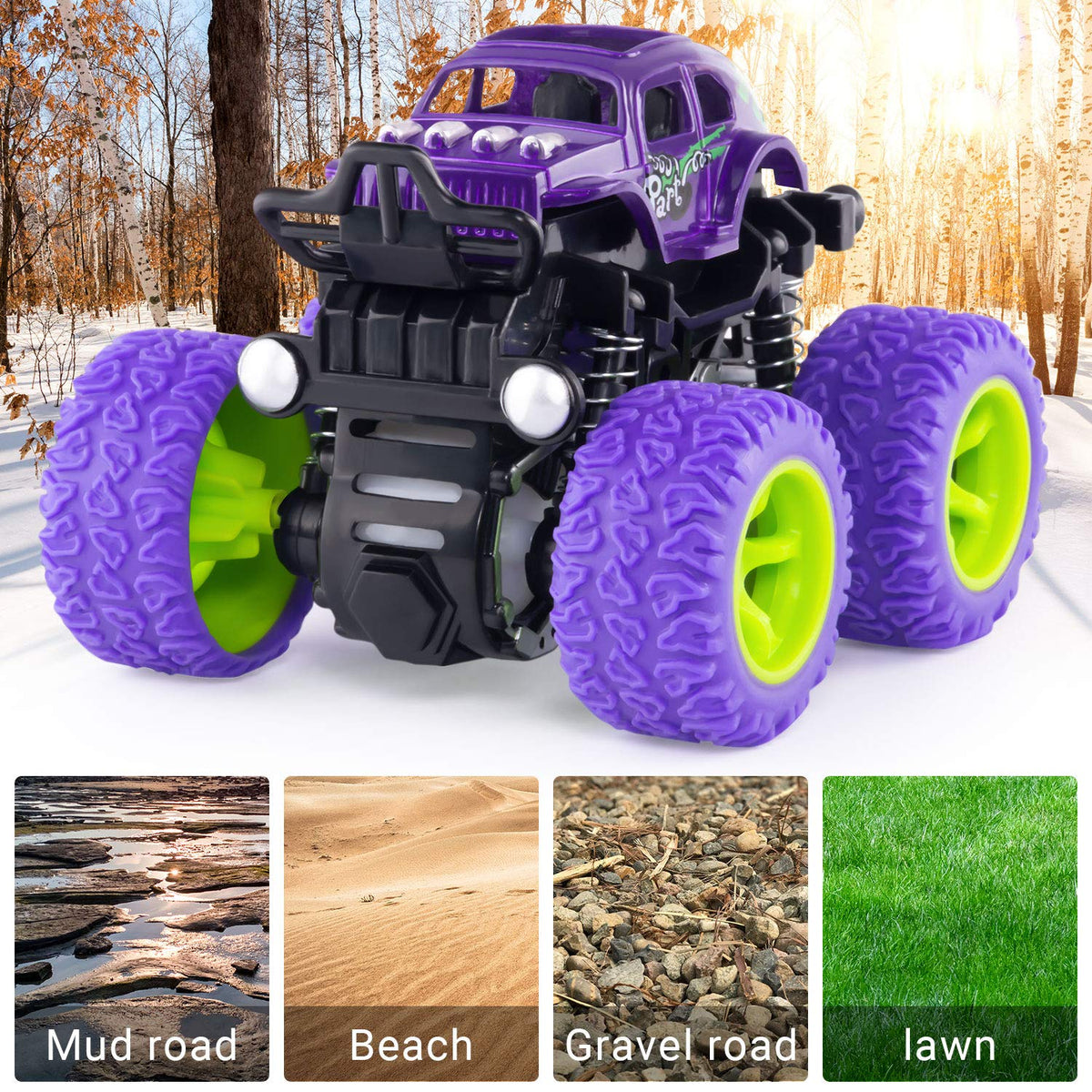 ANAOER 4 Pack Monster Trucks Toys for Boys | Friction Powered Pull-Back Cars (Ages 3-7)