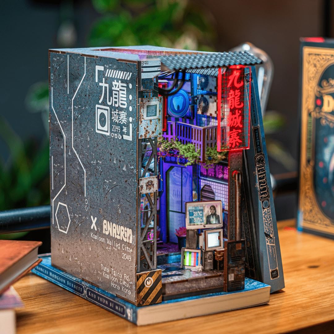 Anavrin Book Nook Kit Kowloon Walled City 2049 — DIY 3D Wooden Shelf Insert