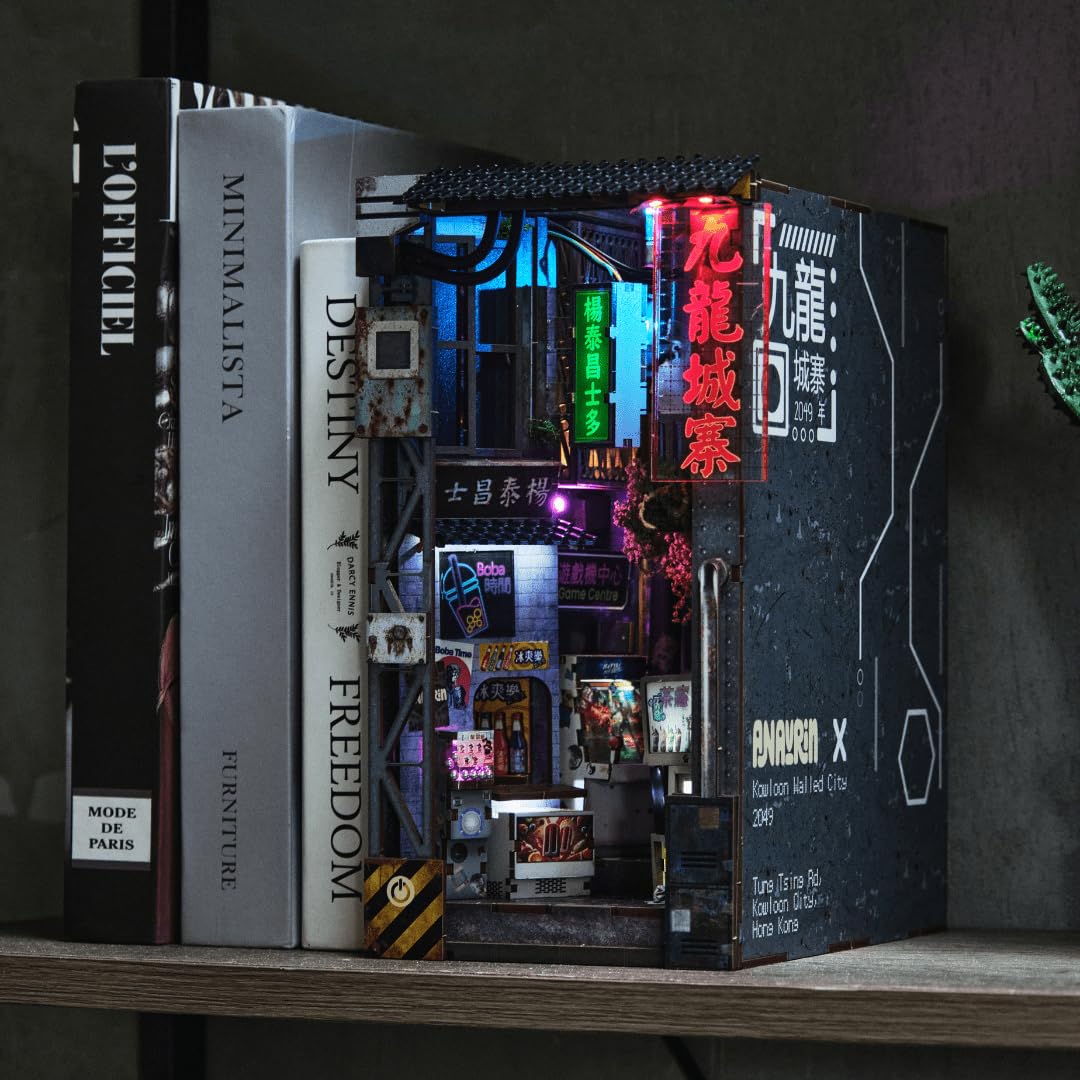 Anavrin Book Nook Kit Kowloon Walled City 2049 — DIY 3D Wooden Shelf Insert