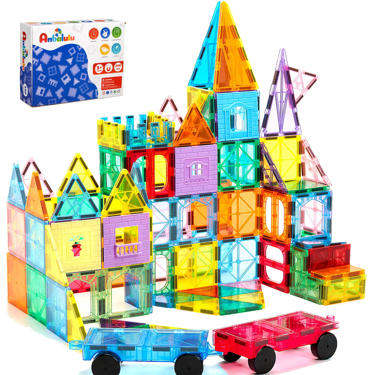 Anbalulu Magnetic Tiles 100PCS with 2 Cars | STEM Building Toys for Kids 3-9