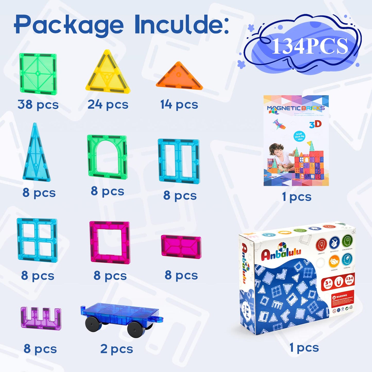 Anbalulu Magnetic Building Tiles - 134-Piece Large STEM Magnet Set for Kids