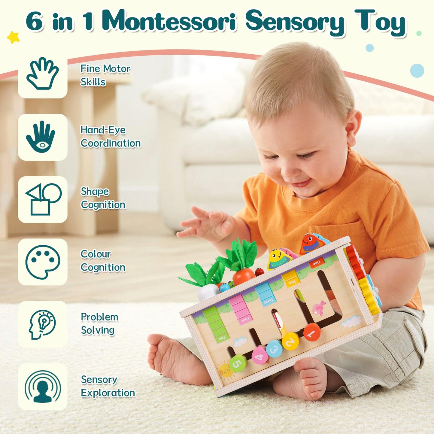 Ancaixin 6-in-1 Montessori Wooden Toy for Babies 6+ Months