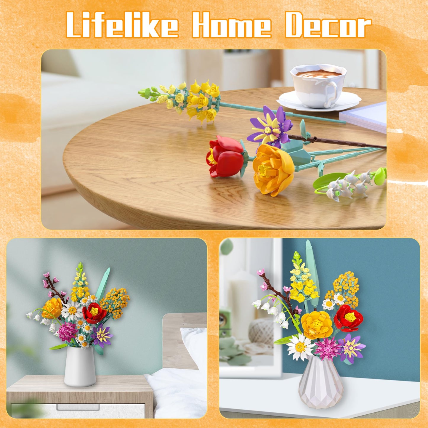 Ancesfun Flowers Bouquet Building Set – 1070PCS Wildflower Kit for Home Decor