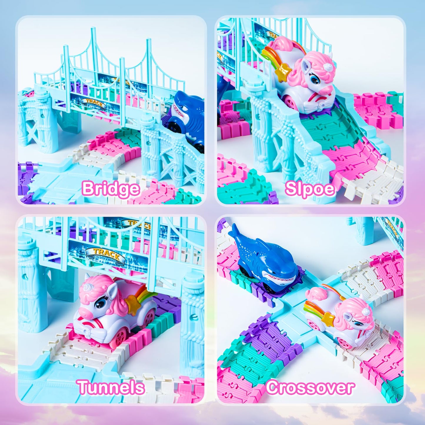 Ancitoy Unicorn Race Track Car Set – Flexible DIY Tracks for STEM Play (Ages 3–7)