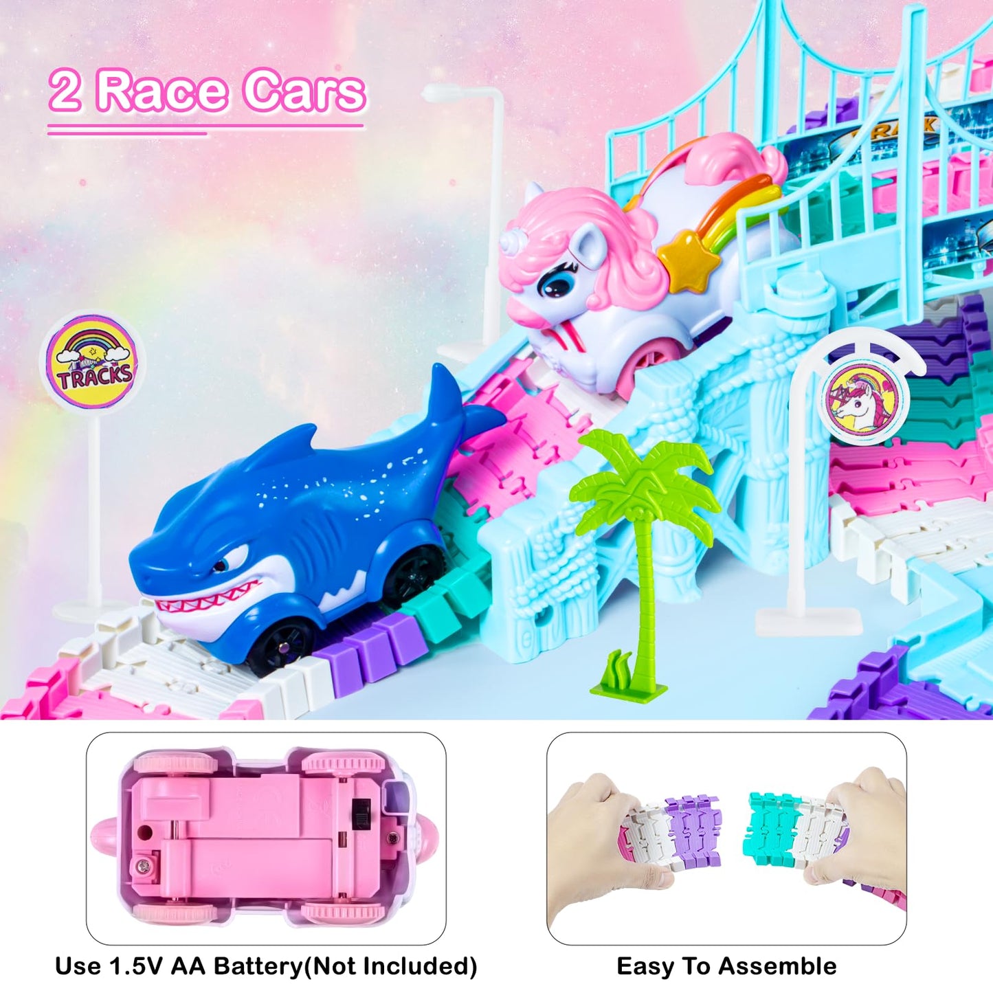 Ancitoy Unicorn Race Track Car Set – Flexible DIY Tracks for STEM Play (Ages 3–7)