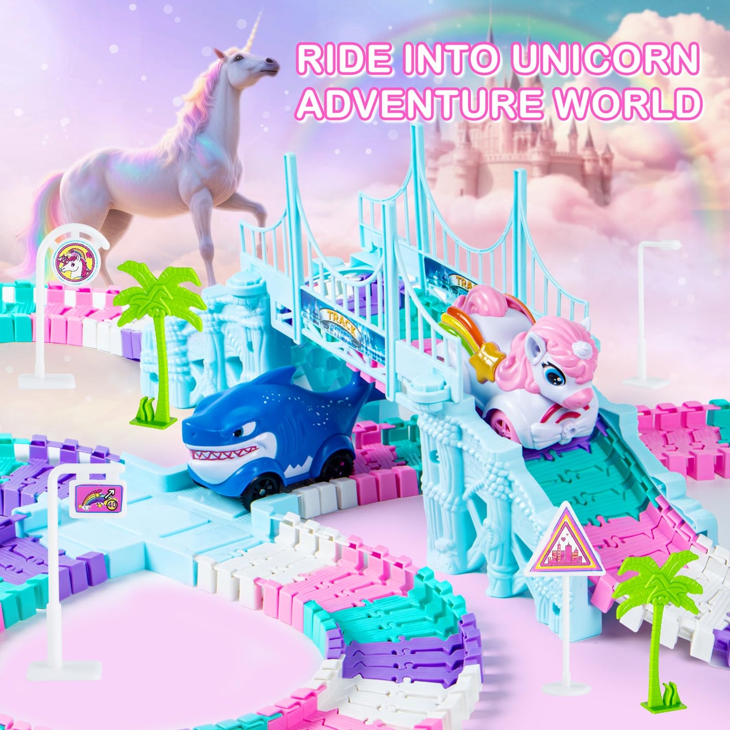 Ancitoy Unicorn Race Track Car Set – Flexible DIY Tracks for STEM Play (Ages 3–7)