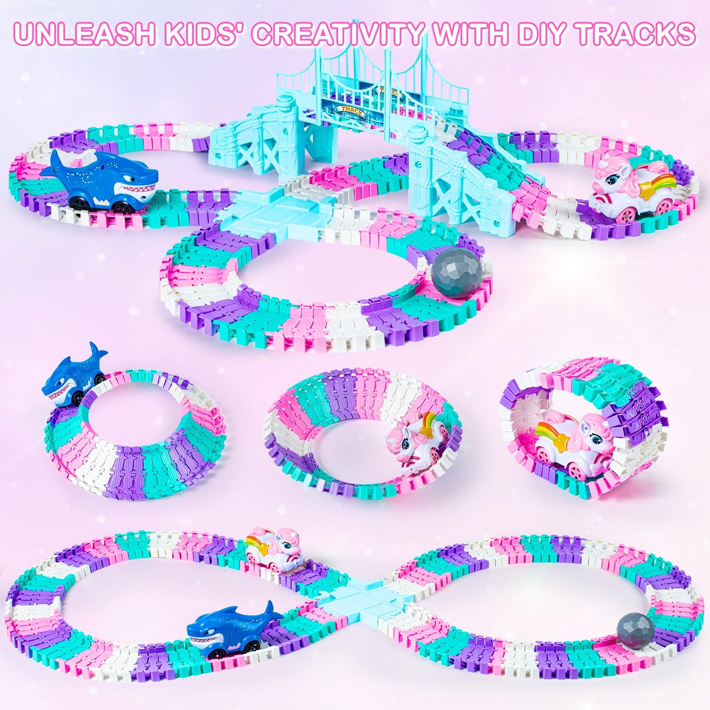 Ancitoy Unicorn Race Track Car Set – Flexible DIY Tracks for STEM Play (Ages 3–7)
