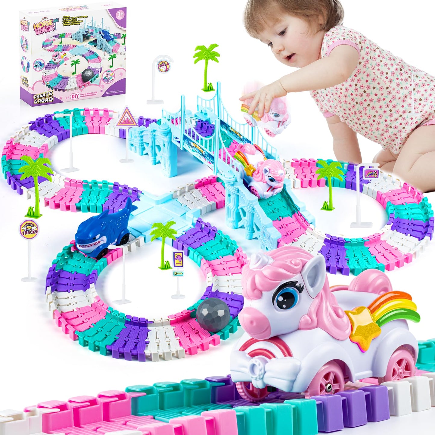 Ancitoy Unicorn Race Track Car Set – Flexible DIY Tracks for STEM Play (Ages 3–7)