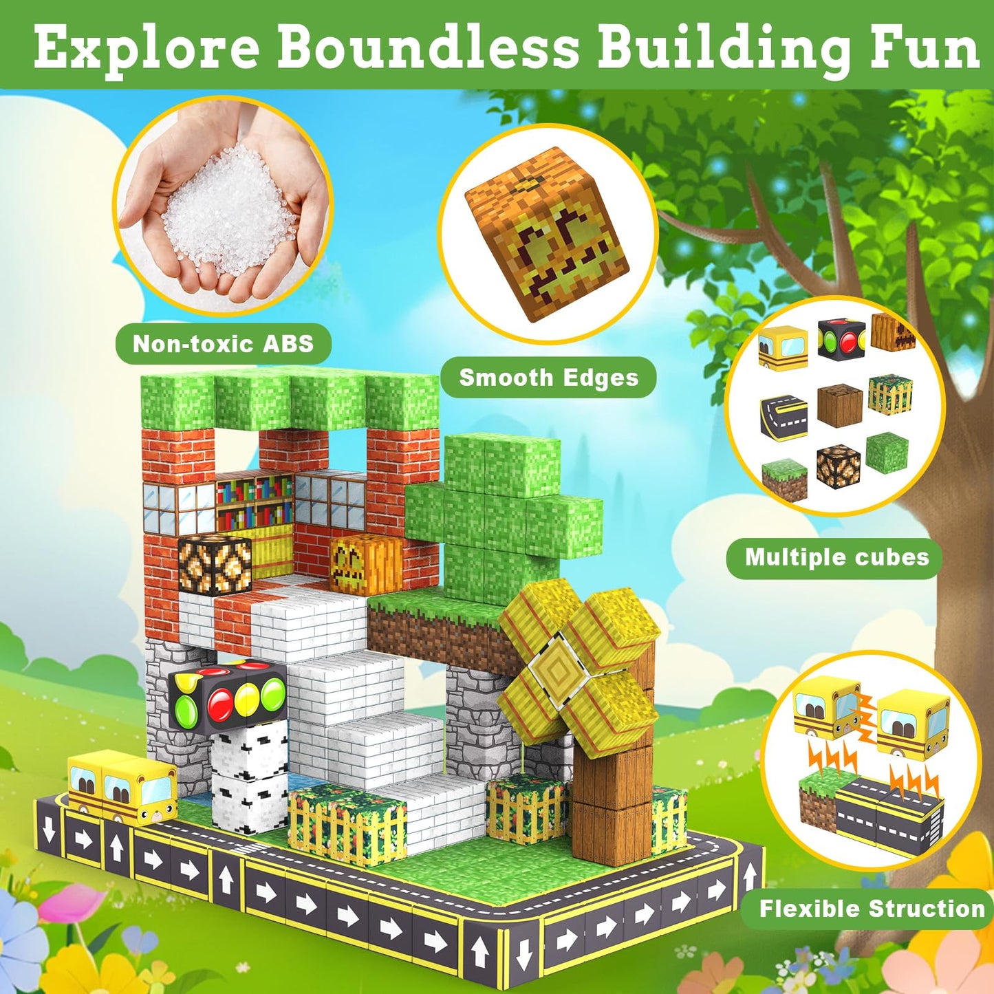 ANDENLEY Magnetic Blocks - 100-Piece STEM Building Tiles for Kids 3+