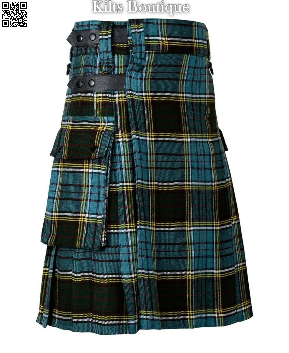 Anderson Tartan Scottish Men Utility Modern Kilt 2 side Cargo Pockets Length 24"