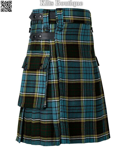 Anderson Tartan Scottish Men Utility Modern Kilt 2 side Cargo Pockets Length 24"