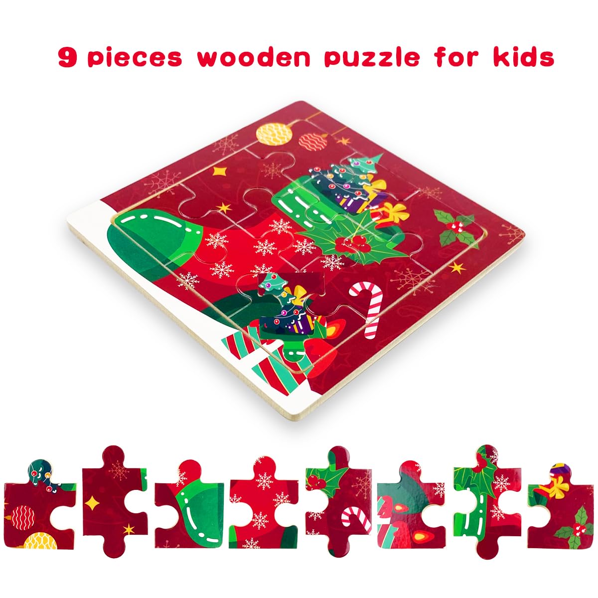 Anditoy 8 Pack Christmas Wooden Puzzles – 9-Piece Toddler Puzzles for Christmas