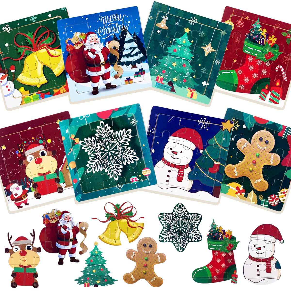 Anditoy 8 Pack Christmas Wooden Puzzles – 9-Piece Toddler Puzzles for Christmas