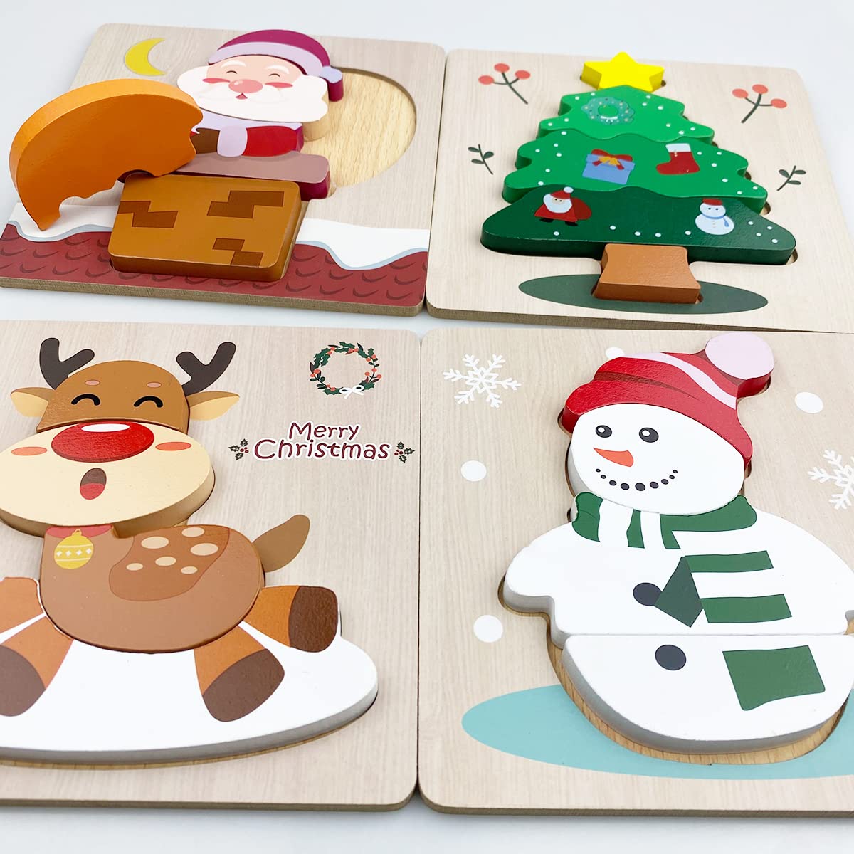 Anditoy 4-Pack Christmas Wooden Puzzles for Kids – Santa, Snowman, Tree & Elk
