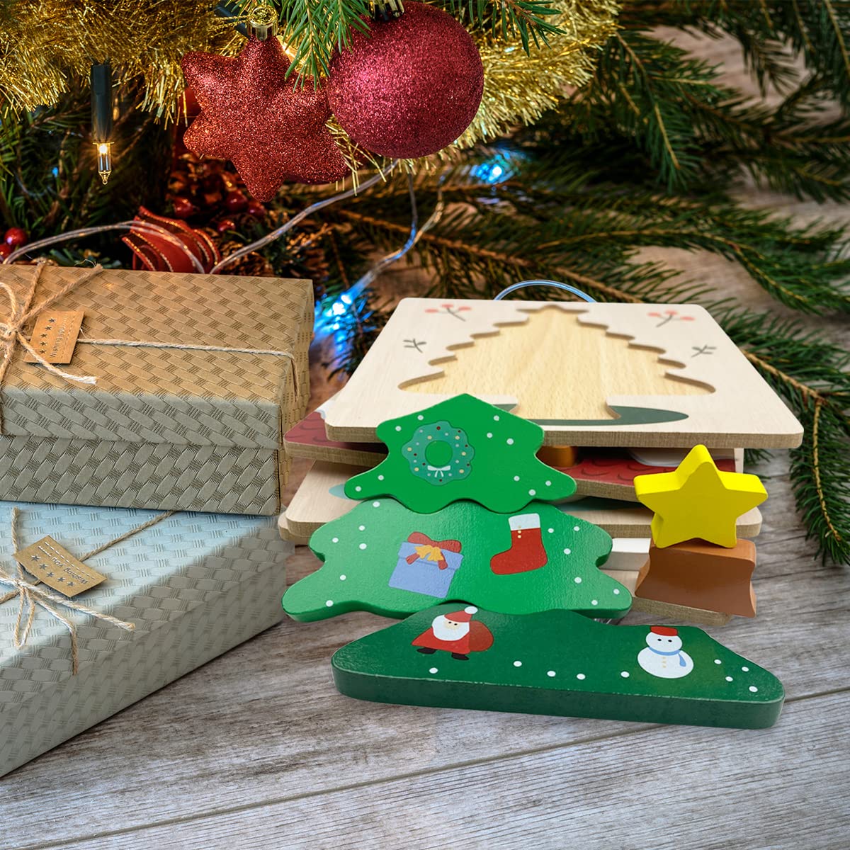 Anditoy 4-Pack Christmas Wooden Puzzles for Kids – Santa, Snowman, Tree & Elk