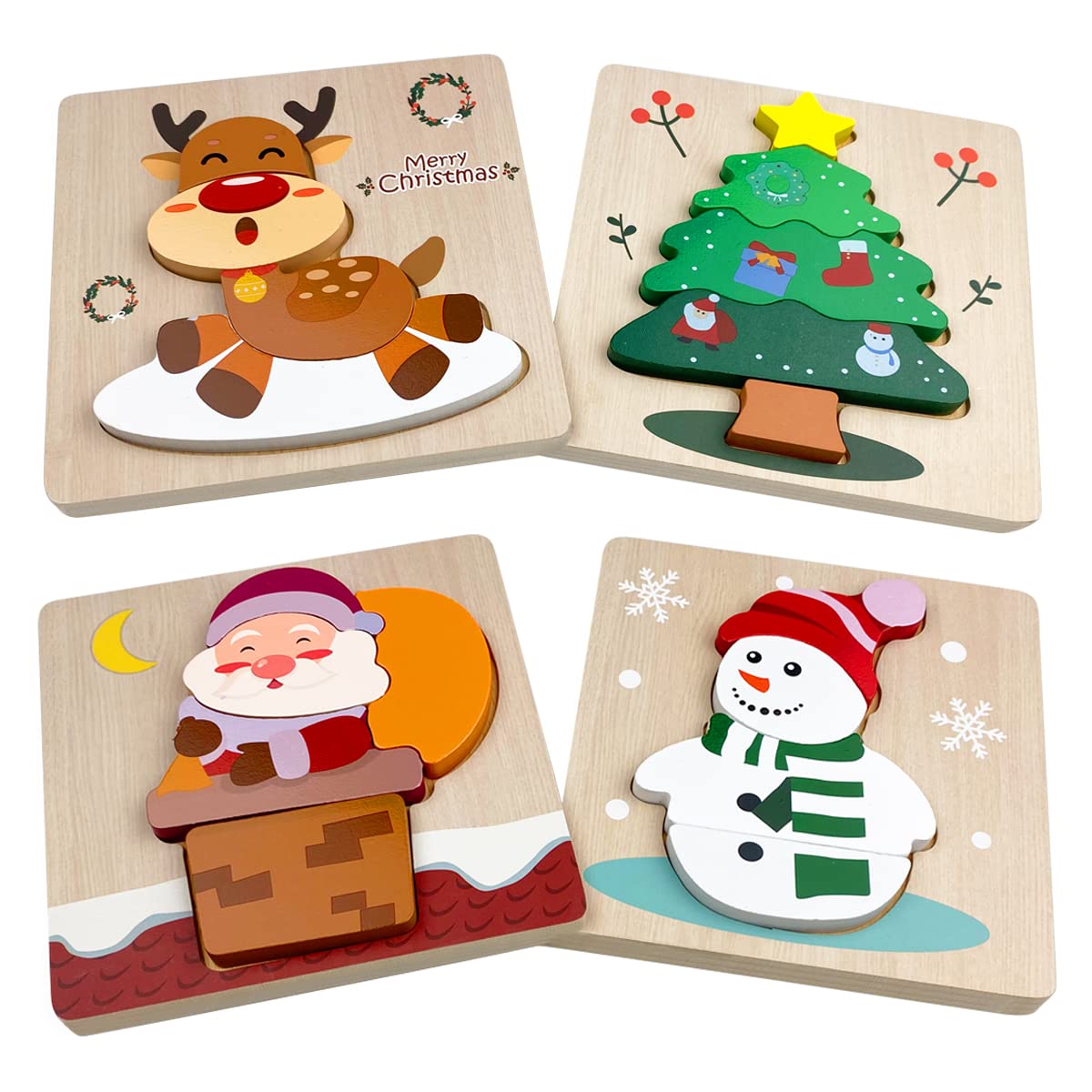 Anditoy 4-Pack Christmas Wooden Puzzles for Kids – Santa, Snowman, Tree & Elk