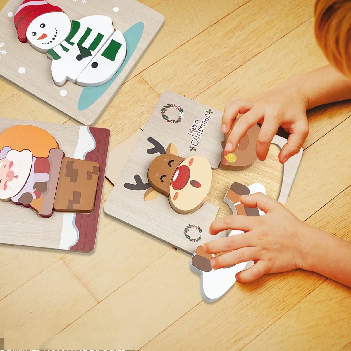 Anditoy 4-Pack Christmas Wooden Puzzles for Kids – Santa, Snowman, Tree & Elk