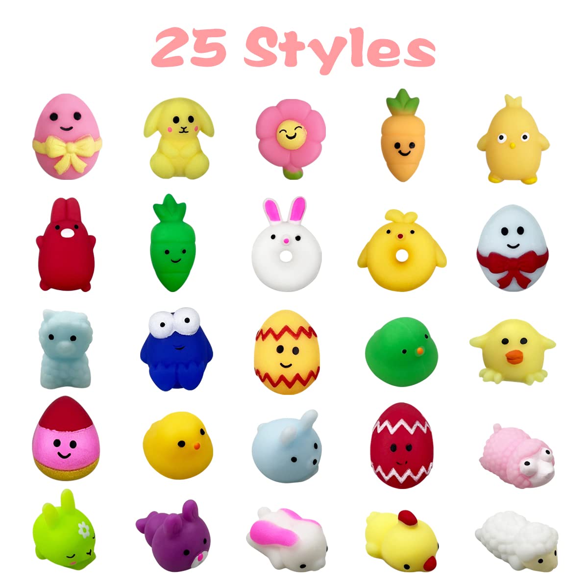 Anditoy 100 PCS Easter Mochi Squishy Toys – 25 Styles Soft Easter Themed Squishies for Kids