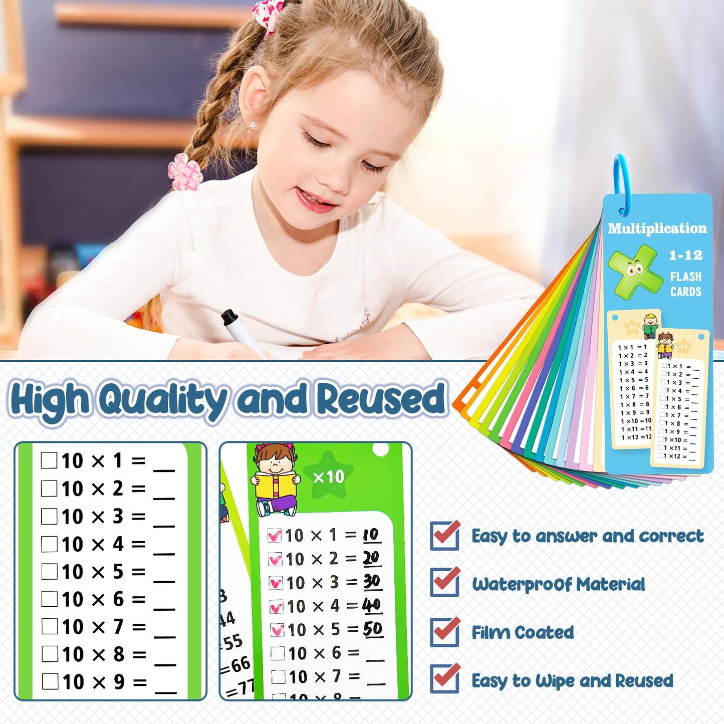 Anemeeoke 1-12 Multiplication Flash Cards – 15 Cards, 2 Dry Erase Markers, Ring Binder | Times Tables for 1st–3rd Grade