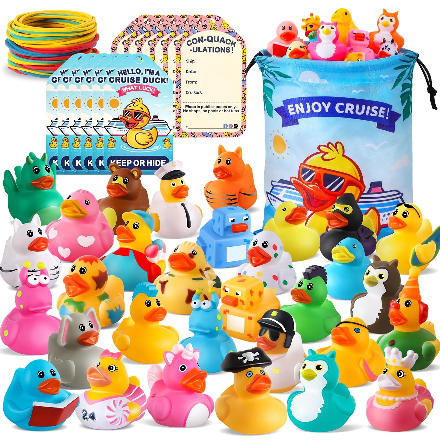 ANGGIKO 100 Pcs Cruise Rubber Ducks Kit – 30 Ducks, 30 Tags, 40 Rubber Bands, Duck Bag
