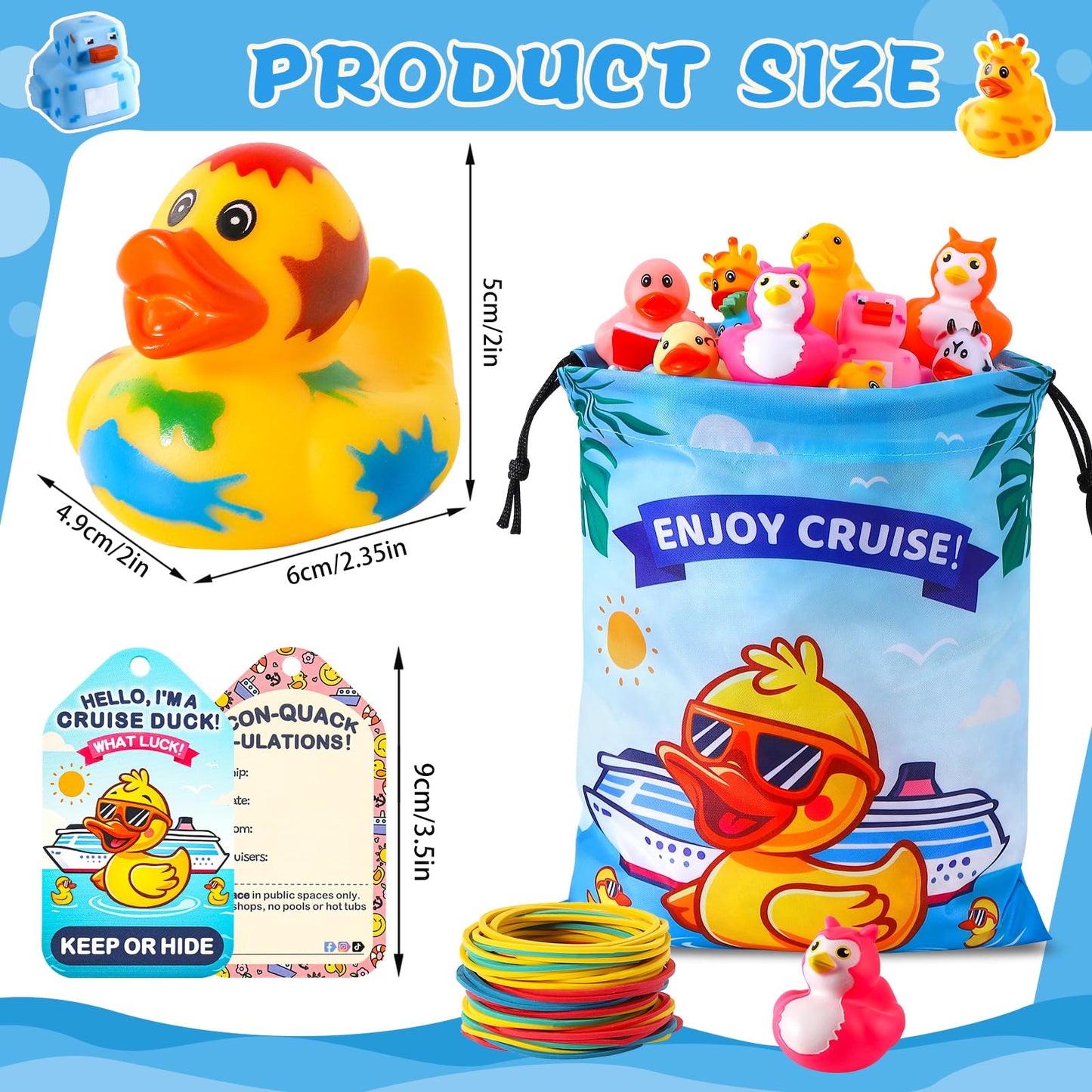 ANGGIKO 100 Pcs Cruise Rubber Ducks Kit – 30 Ducks, 30 Tags, 40 Rubber Bands, Duck Bag