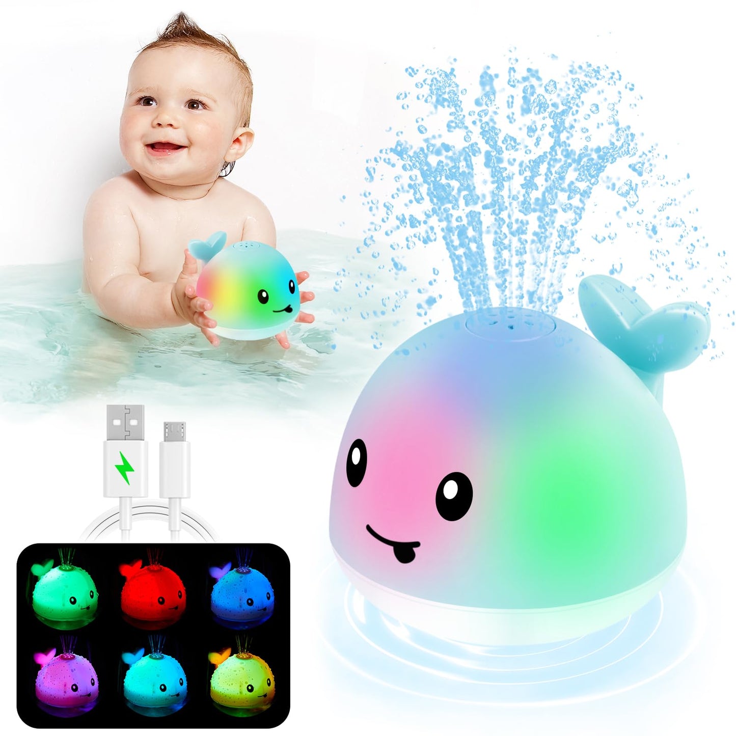 ANGGIKO Light Up Whale Bath Toy – Rechargeable Baby Bath Toy for 1-3 Year Olds