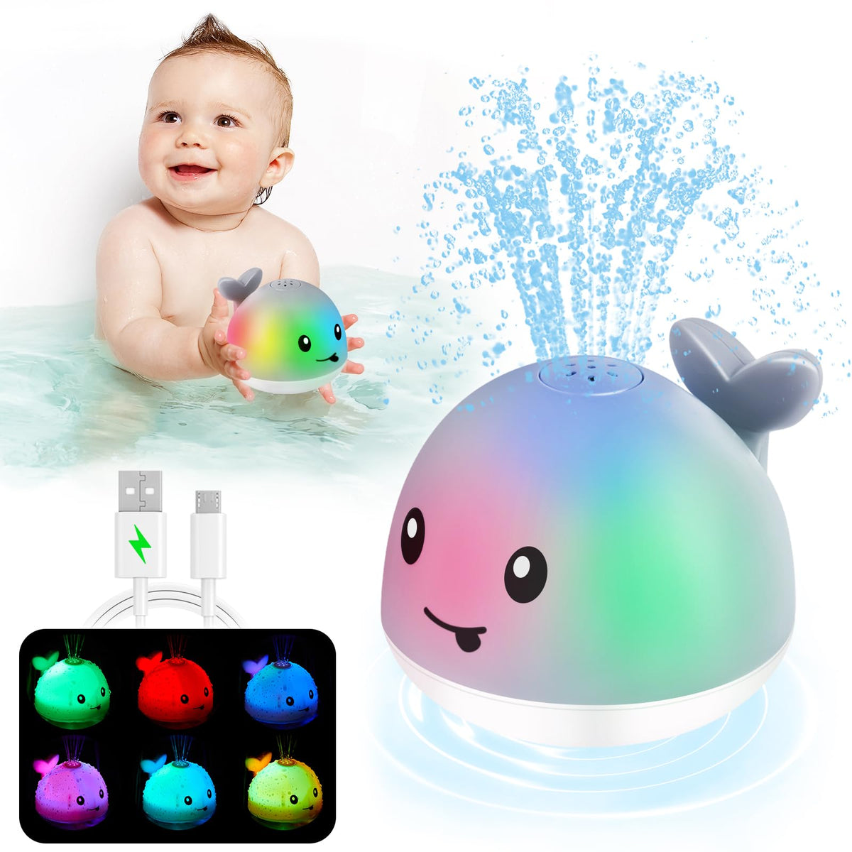 ANGGIKO Light-Up Whale Bath Toy for Toddlers 1-3 | Rechargeable Sprinkler Bath Toy