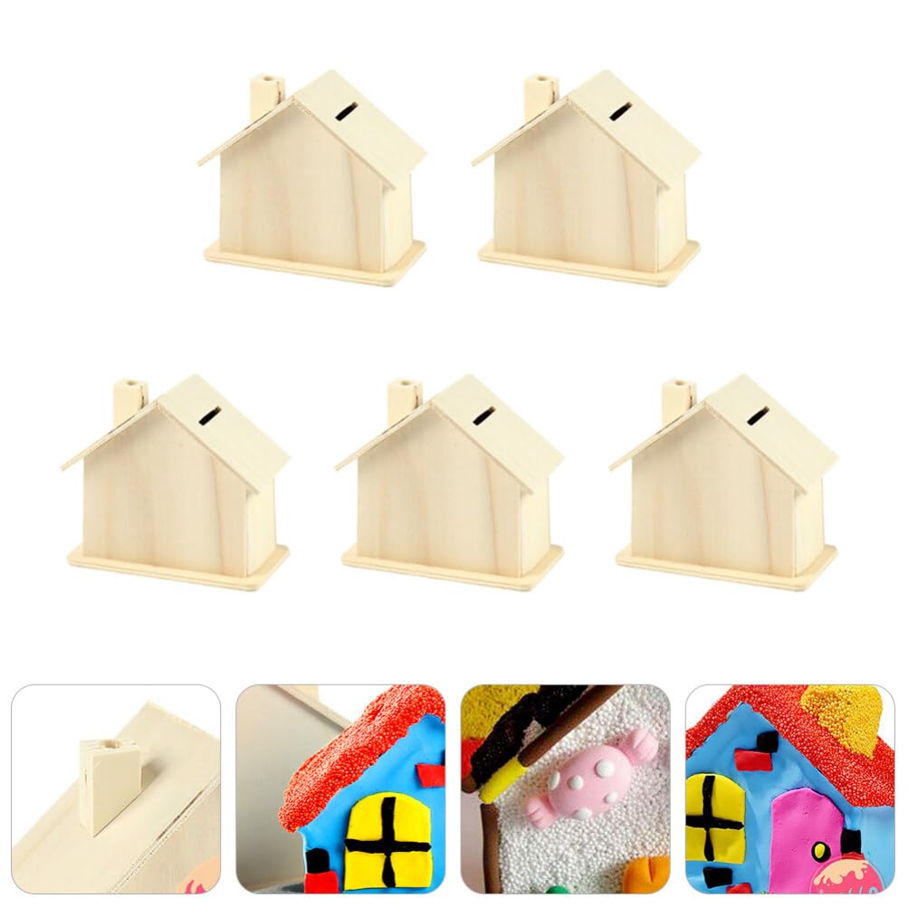 Angoily DIY Wooden House Piggy Bank – 15-Piece Paintable Craft Set, Unfinished Wood Money Box for Kids & Adults