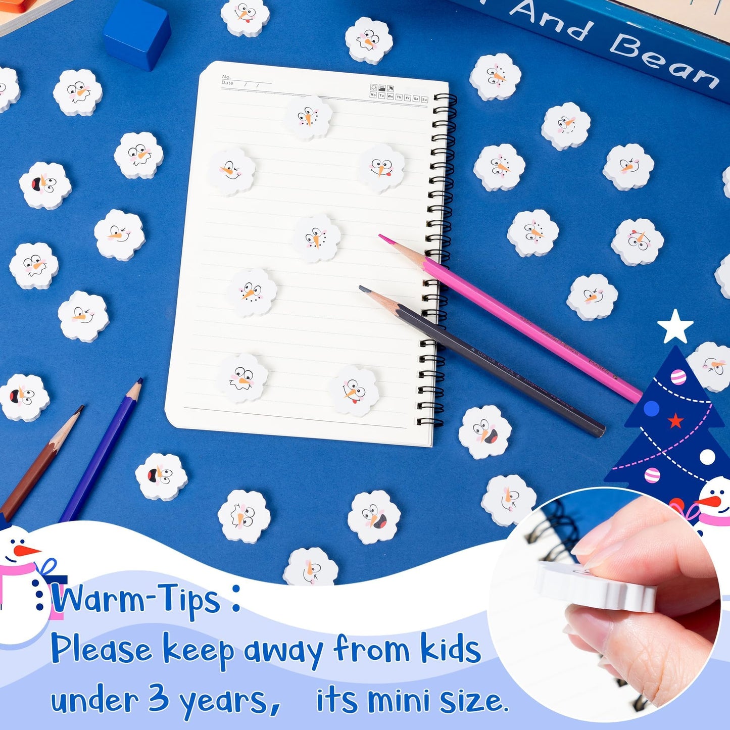 ANGOLIO Winter Snowflake Mini Erasers – 60P Snowman Faces, 3D Desk Puzzle & Classroom Rewards