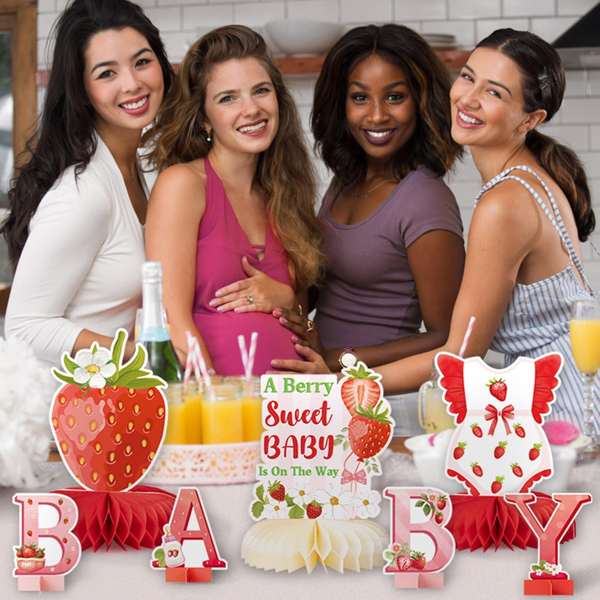 ANGOLIO Strawberry Baby Shower Decorations – 12-Piece Honeycomb Centerpieces
