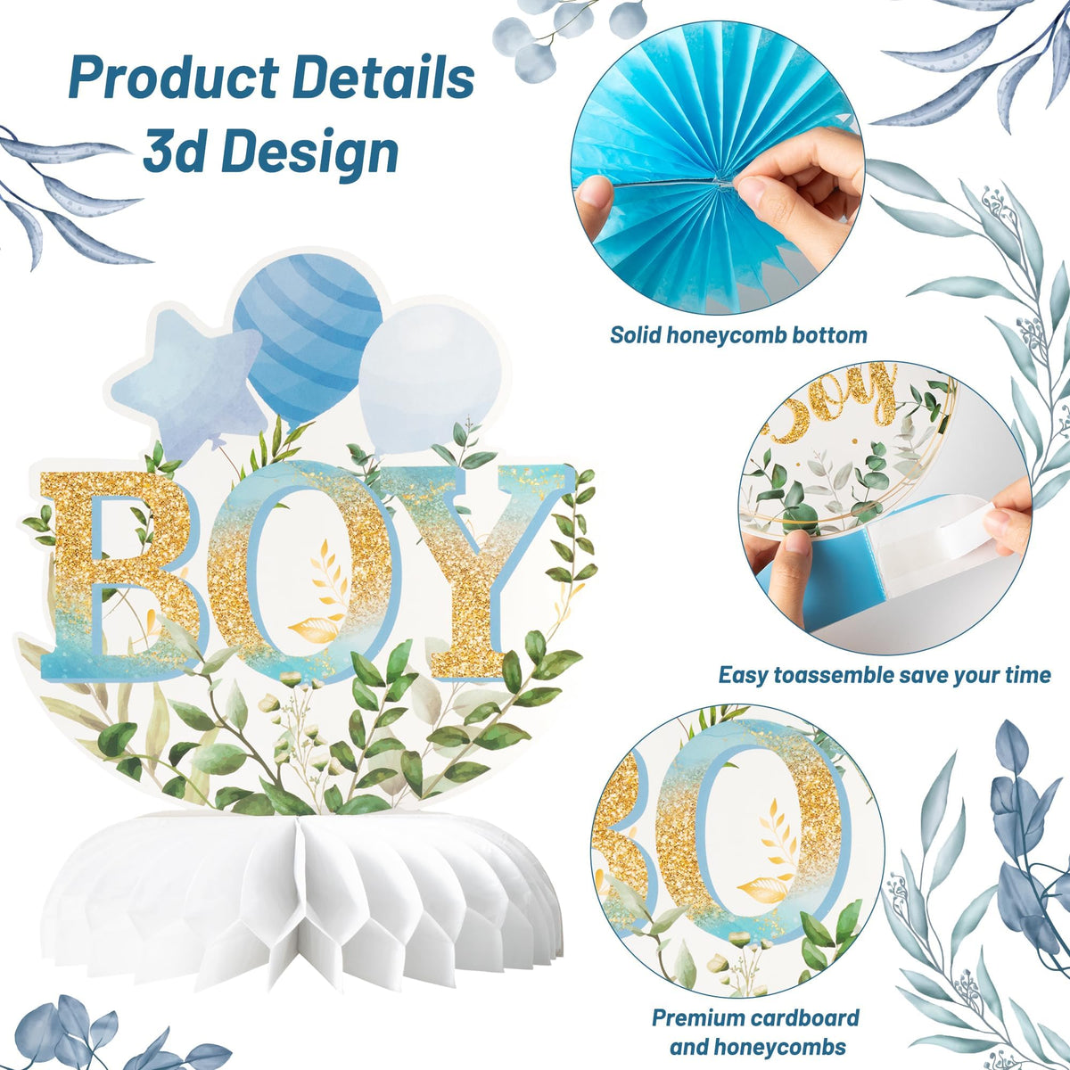 ANGOLIO 12Pcs It's a Boy Blue Honeycomb Centerpieces for Baby Shower & Gender Reveal