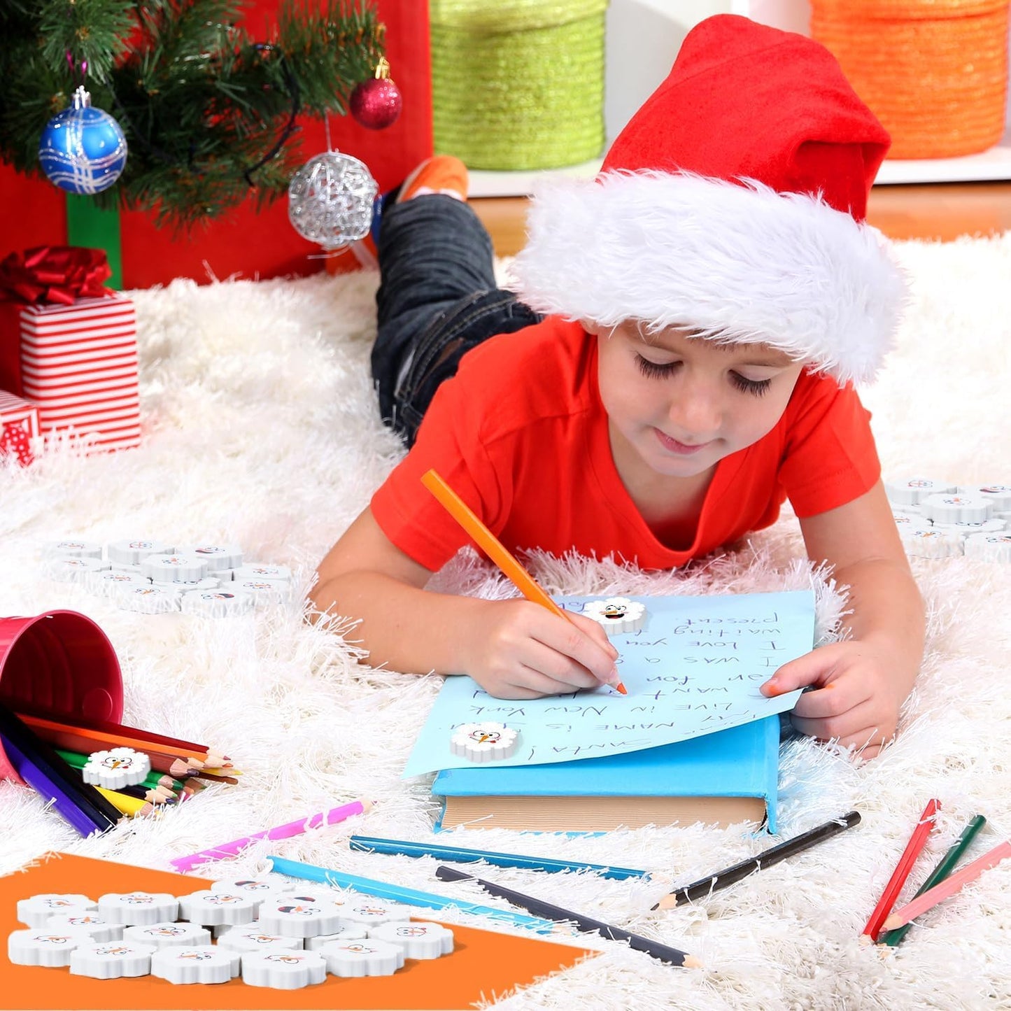 ANGOLIO Winter Snowflake Mini Erasers – 60P Snowman Faces, 3D Desk Puzzle & Classroom Rewards