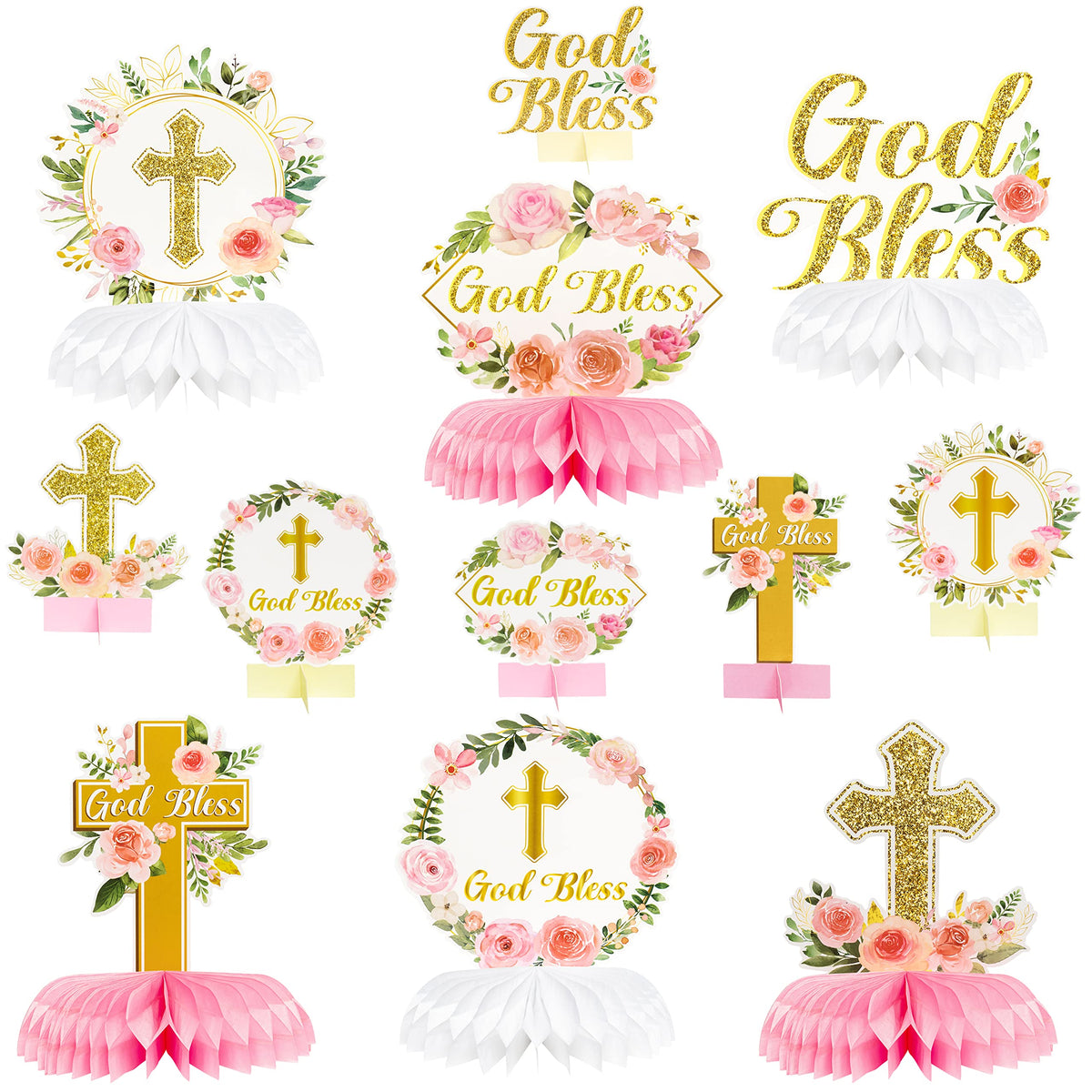 ANGOLIO Floral God Bless 12Pcs Honeycomb Centerpieces for First Communion & Baby Baptism