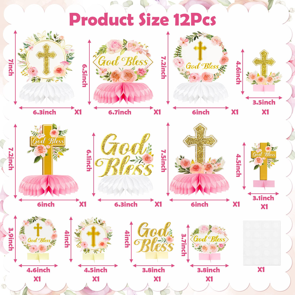 ANGOLIO Floral God Bless 12Pcs Honeycomb Centerpieces for First Communion & Baby Baptism