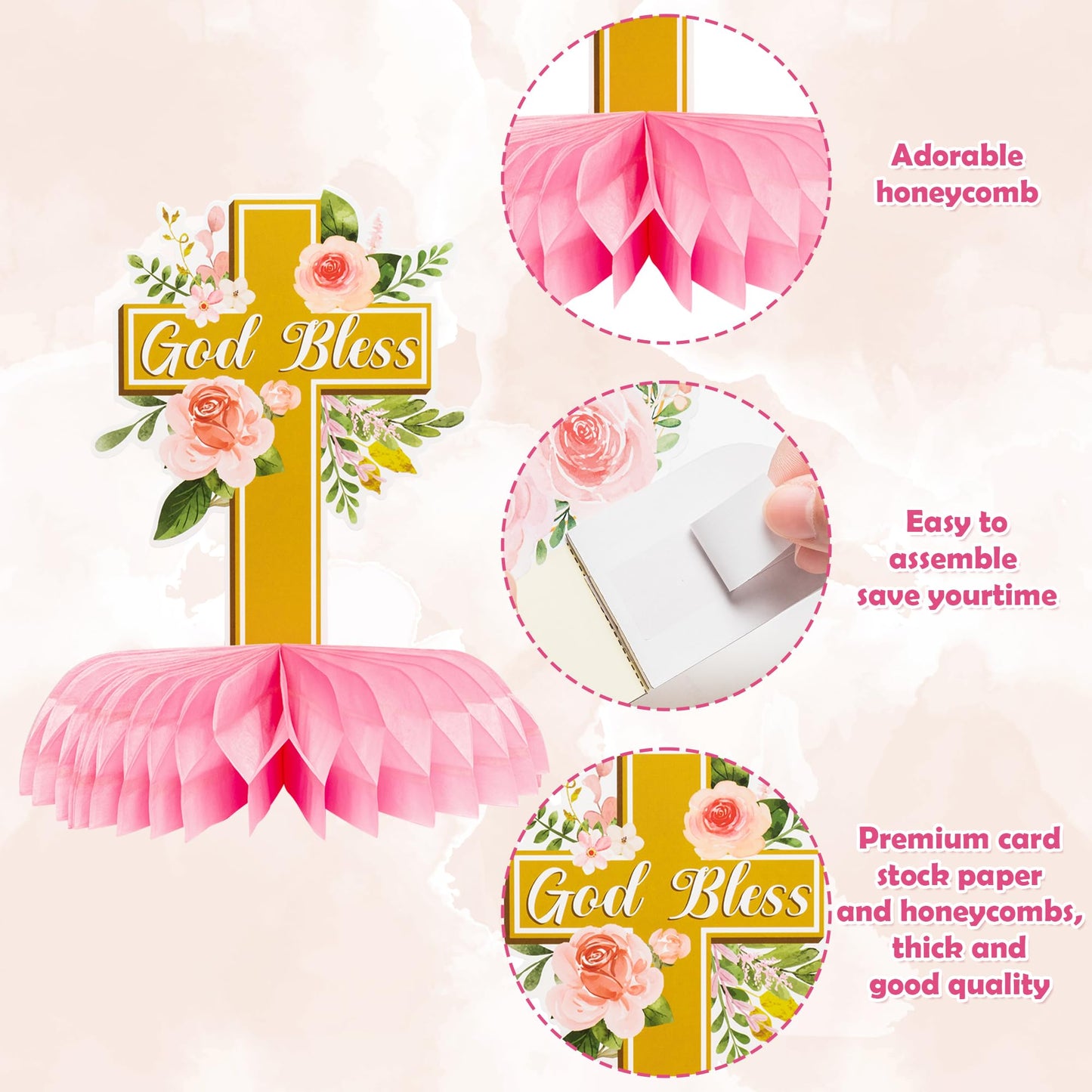 ANGOLIO Floral God Bless 12Pcs Honeycomb Centerpieces for First Communion & Baby Baptism